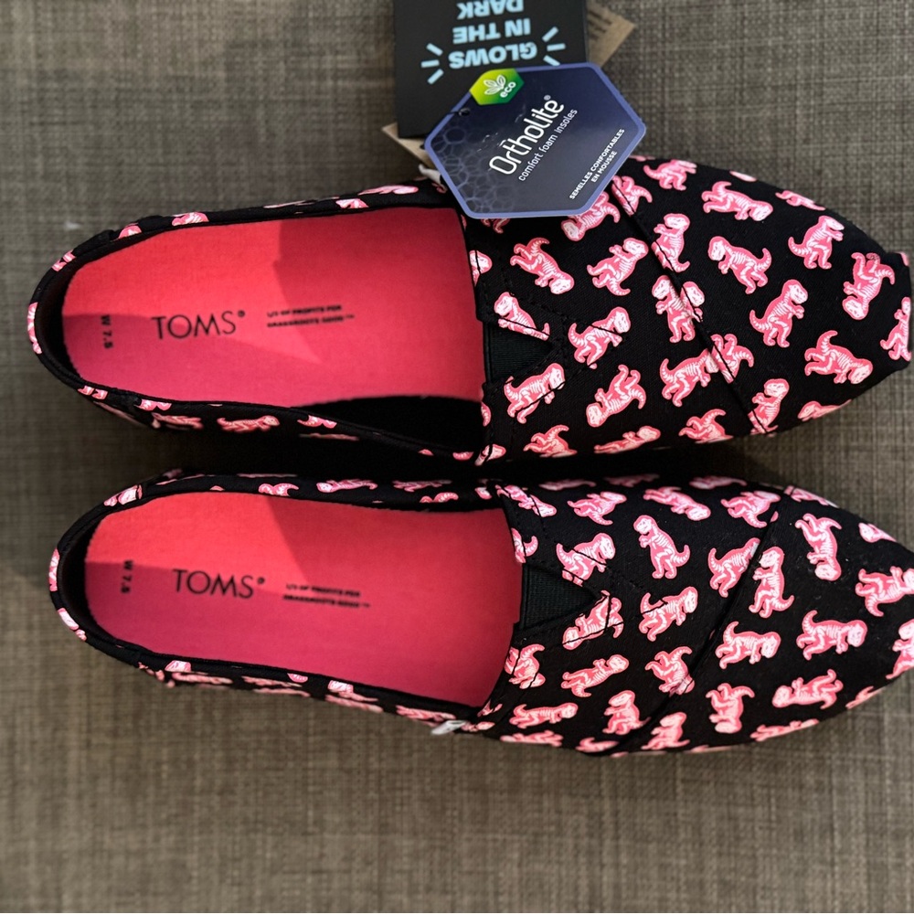 Toms Pink and Black Flats with Dinosaur Pattern